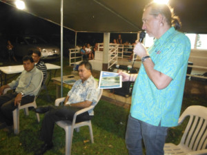 Fenno Brunken of the GIZ regional programme Coping with Climate Change in the Pacific Island Region (CCCPIR) at the launch of the Kosrae Shoreline Management Plan during the Micronesian Environment Forum. Seated are the Honourable Lyndon Jackson, Governor of Kosrae, Robert Jackson, Director of KIRMA and Simpson Abraham, FSM PACC Coordinator.  