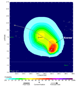 Likelihood of tropical storm strength winds over the Friday (7th) and Saturday (8th) May. Sourced from www.tropicalstormrisk.com